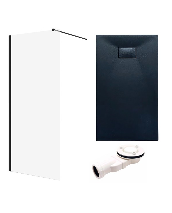 SET: WALK-IN KETIL + DUSCHWANNE VIDAR 90x170 198 cm - Rechteck Steinoptik SMC Schwarz Transparent Nano Glas | Glaswand
