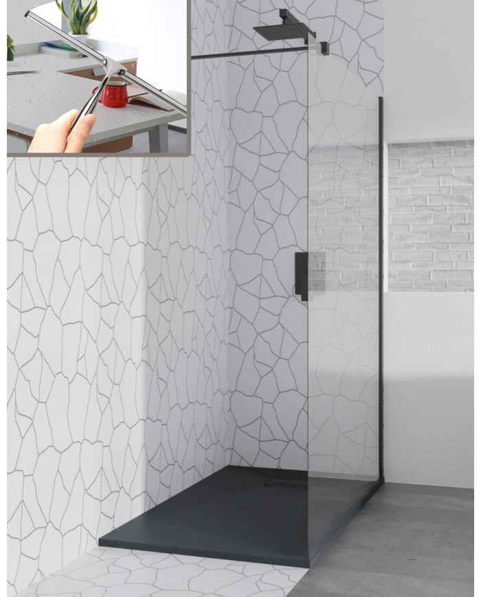 SET: WALK-IN KETIL + DUSCHWANNE VIDAR 80x120 198 cm - Rechteck Steinoptik SMC Schwarz Transparent Nano Glas + Glaswischer