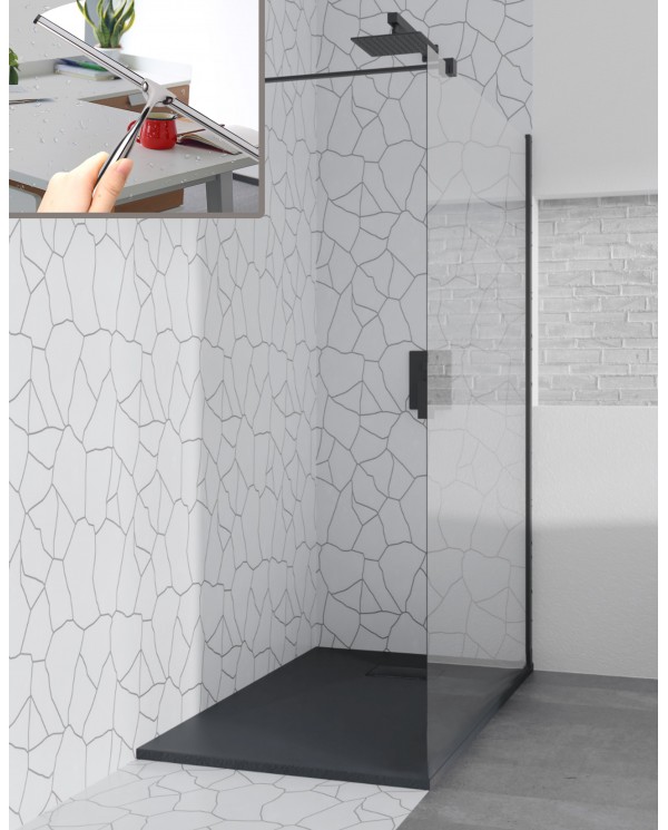 SET: WALK-IN KETIL + DUSCHWANNE VIDAR 80x120 198 cm - Rechteck Steinoptik SMC Schwarz Transparent Nano Glas + Glaswischer