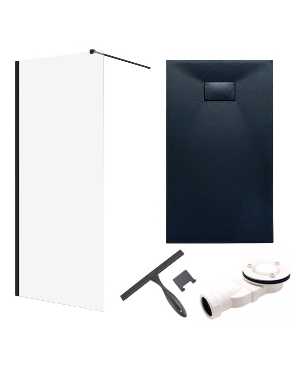 SET: WALK-IN KETIL + DUSCHWANNE VIDAR 90x120 198 cm - Rechteck Steinoptik SMC Schwarz Transparent Nano Glas + Glaswischer