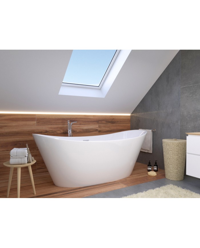Freistehende Badewanne 170x80 ROSSA mit Kopfstütze & Bambus Ablage, Ablauf VIEGA Click-Clack GRATIS !