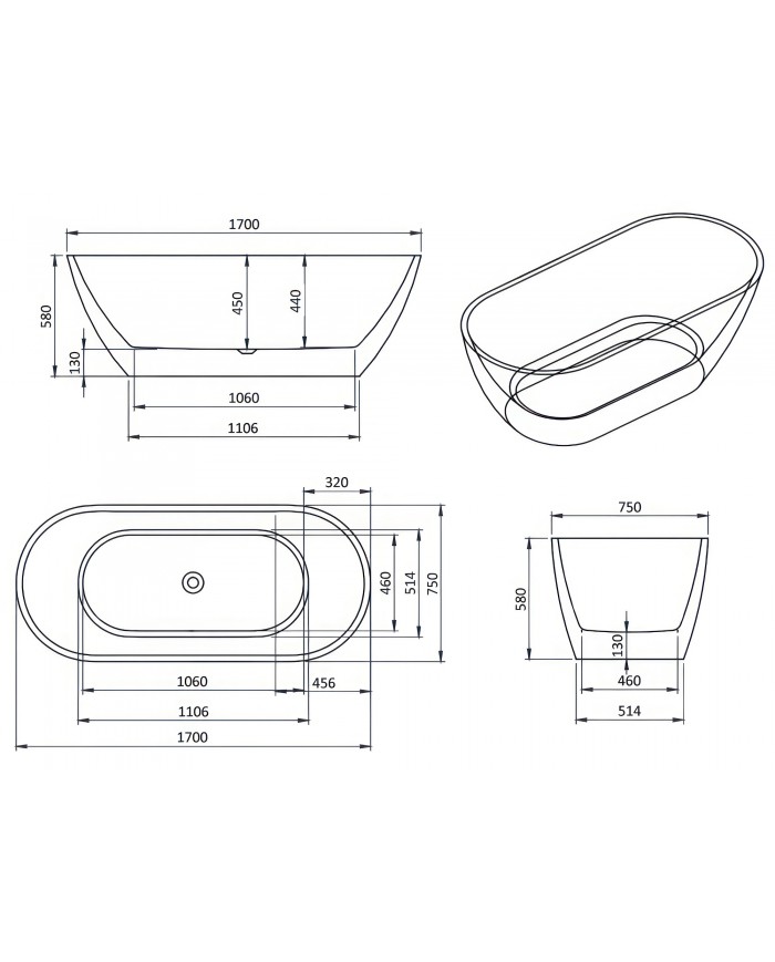 Freistehende Badewanne 170x75 ASGER mit Kopfstütze & Bambus Ablage, Ablauf VIEGA Click-Clack GRATIS !