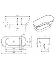 Freistehende Badewanne 170x75 ASGER mit Kopfstütze & Bambus Ablage, Ablauf VIEGA Click-Clack GRATIS !