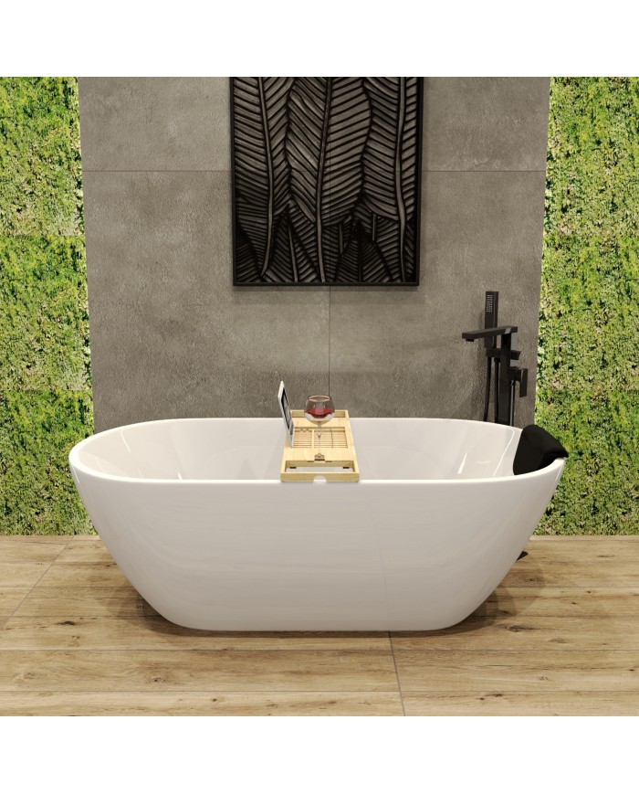 Freistehende Badewanne 170x75 ASGER mit Kopfstütze & Bambus Ablage, Ablauf VIEGA Click-Clack GRATIS !