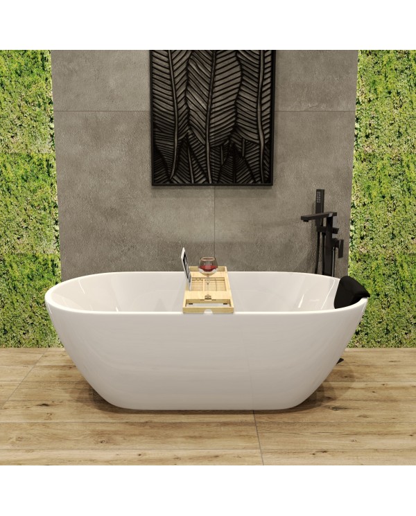 Freistehende Badewanne 170x75 ASGER mit Kopfstütze & Bambus Ablage, Ablauf VIEGA Click-Clack GRATIS !