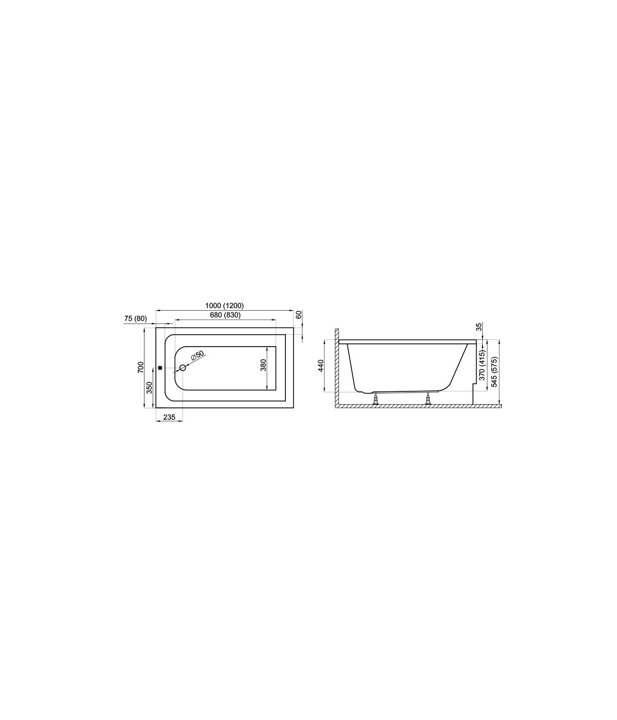 RECHTECK BADEWANNE 120x70 CAPRI Ablaufgarnitur + Füße GRATIS !