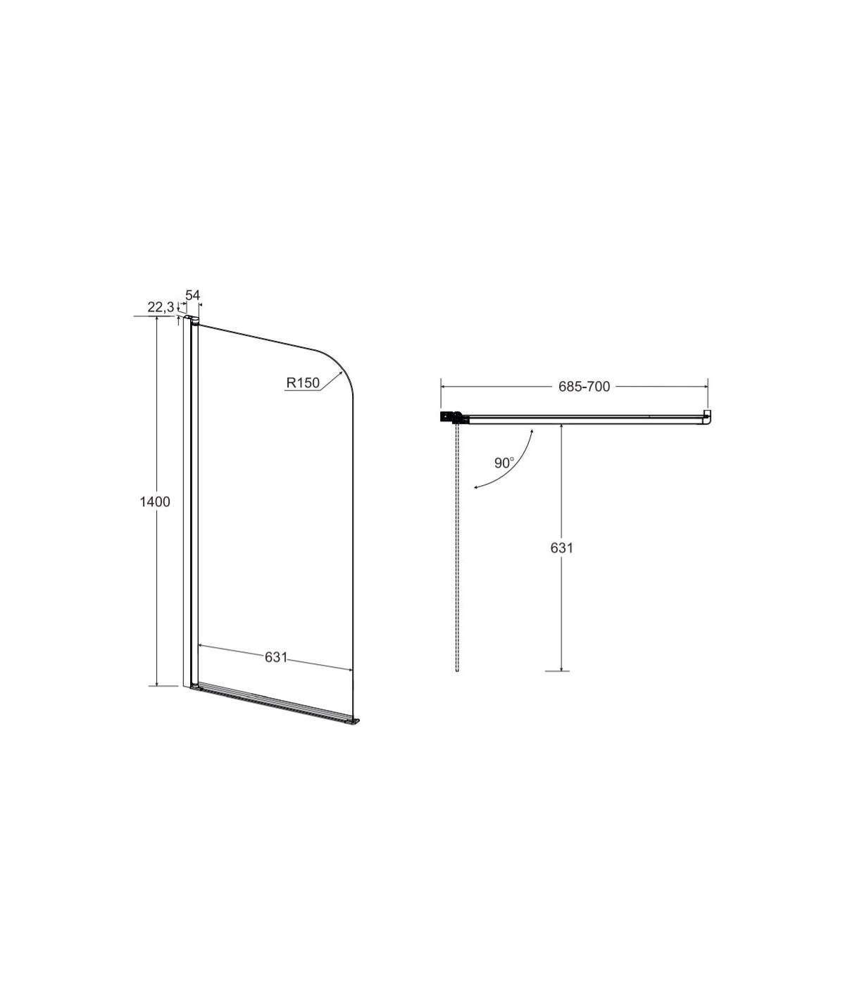 Badewannenabtrennung 1-teilig 70x140 PRIME 1 Glas 5 mm