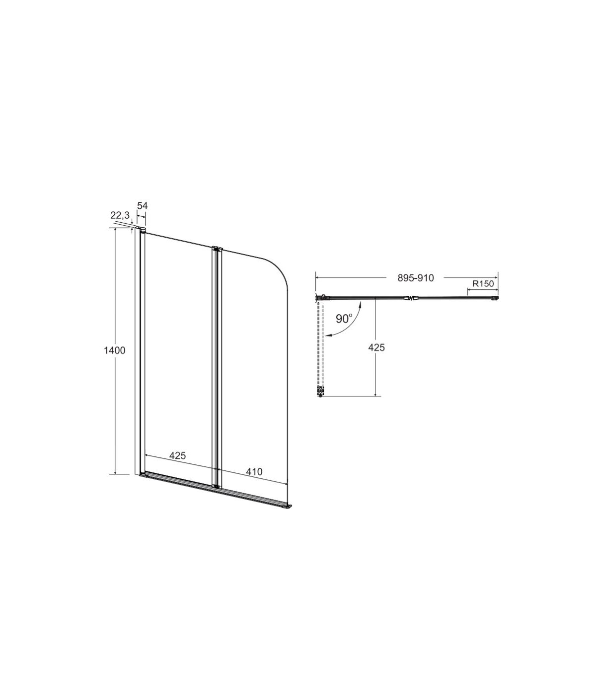 Badewannenabtrennung 2-teilig 90x140 PRIME 2 Glas 5 mm