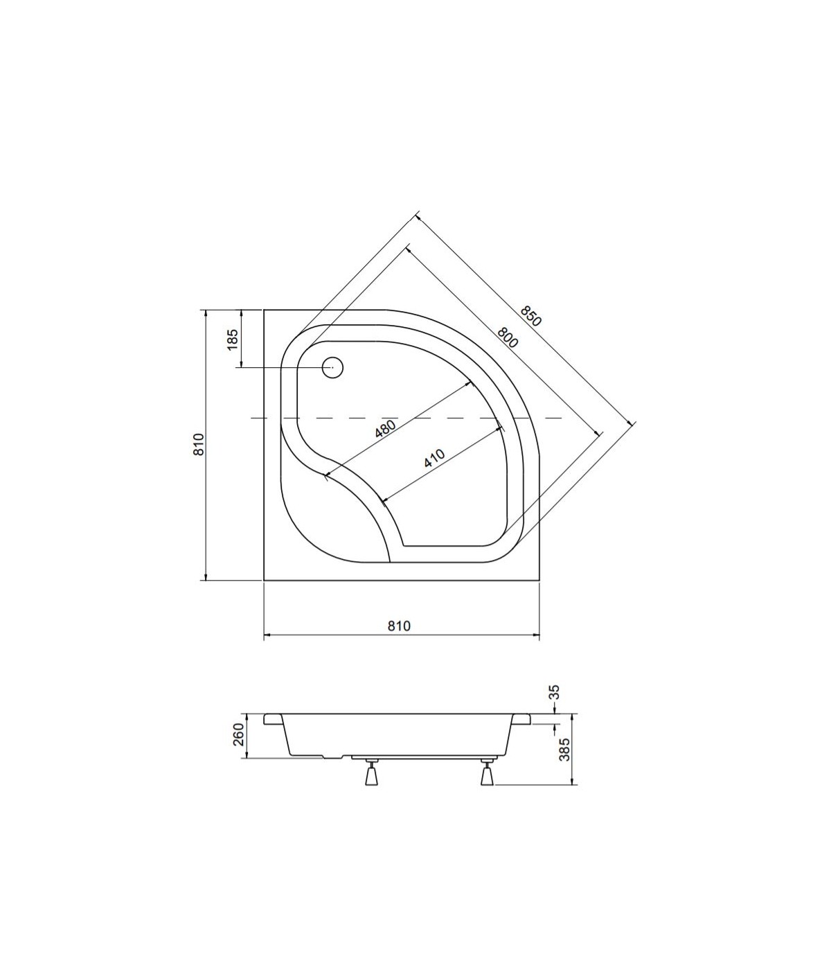 DUSCHWANNE VIERTELKREIS 80x80x24 DIPER I Ablaufgarnitur GRATIS !