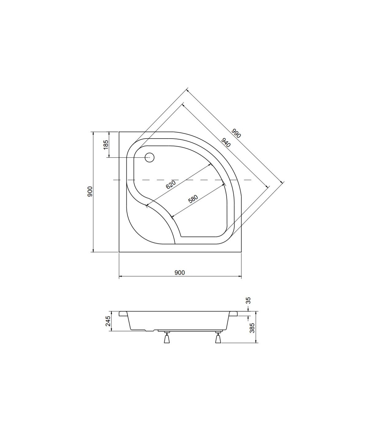 DUSCHWANNE VIERTELKREIS 90x90x24 DIPER I Ablaufgarnitur GRATIS !
