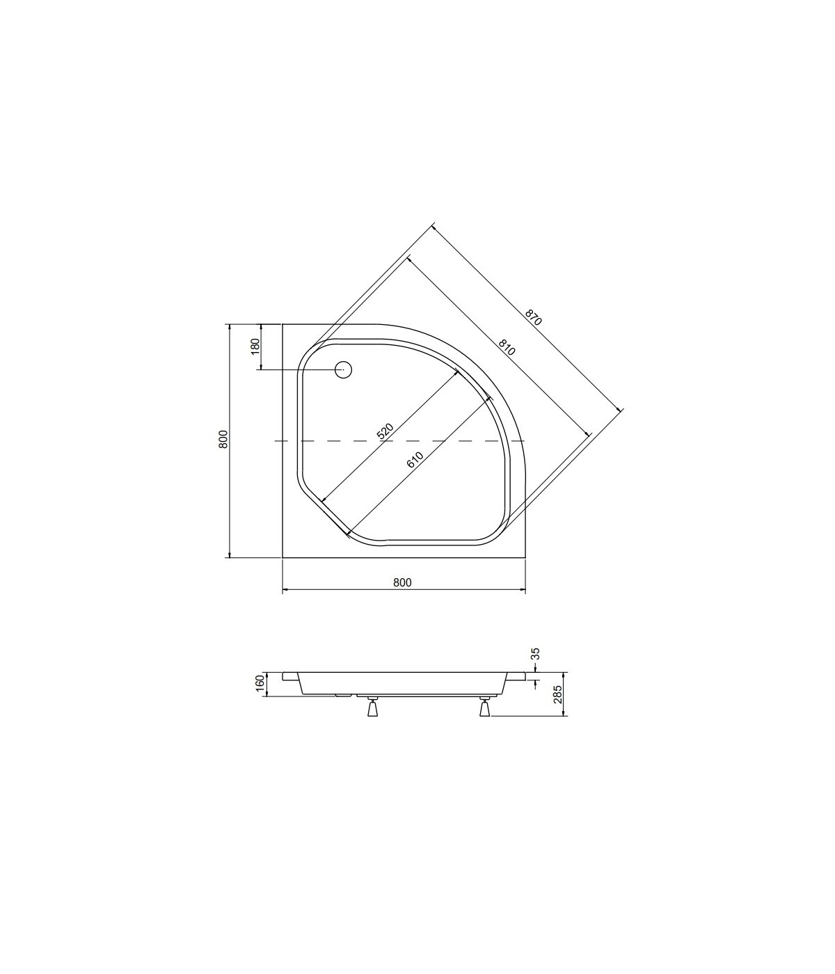 DUSCHWANNE VIERTELKREIS 80x80x15 DIPER II Ablaufgarnitur GRATIS !