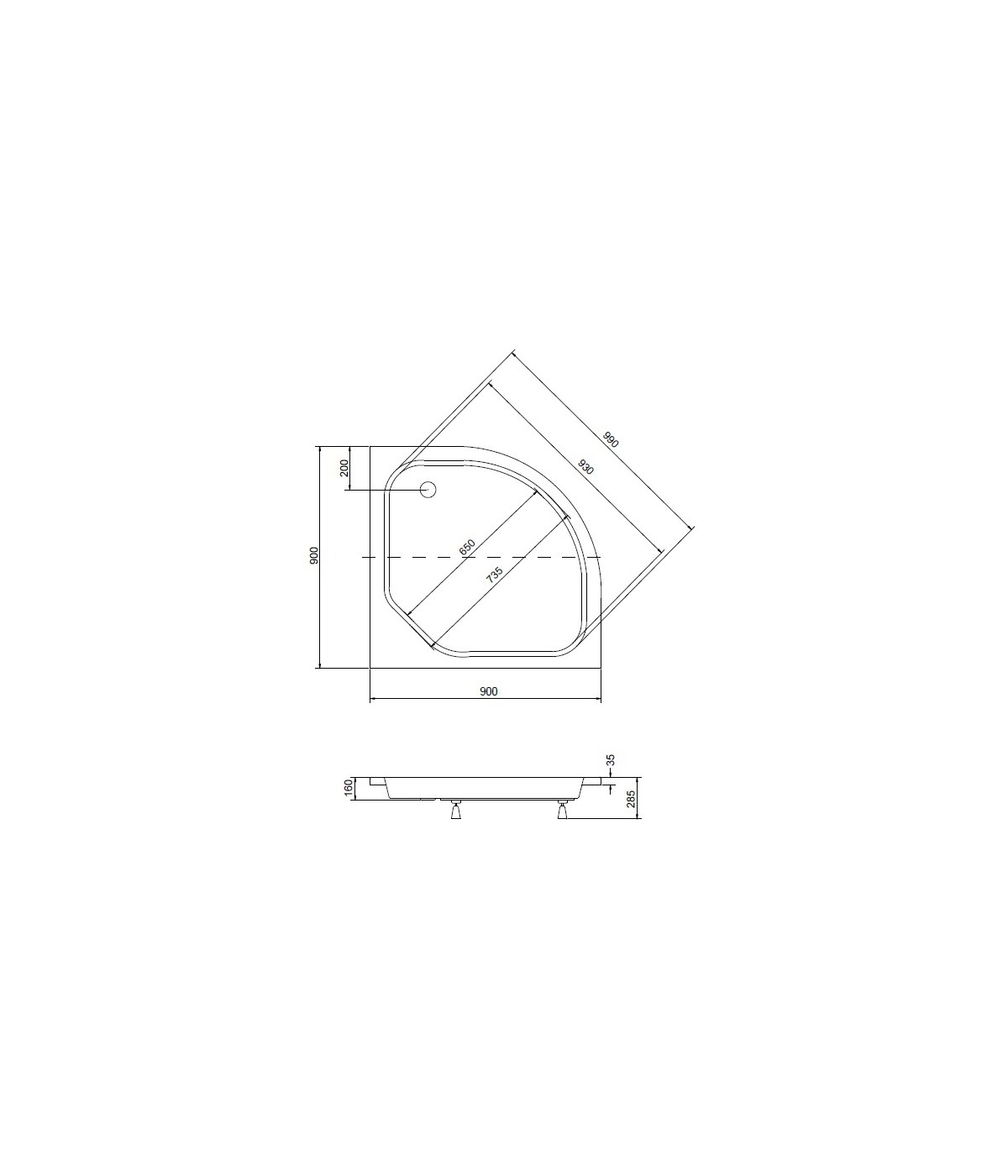 DUSCHWANNE VIERTELKREIS 90x90x15 DIPER II Ablaufgarnitur GRATIS !