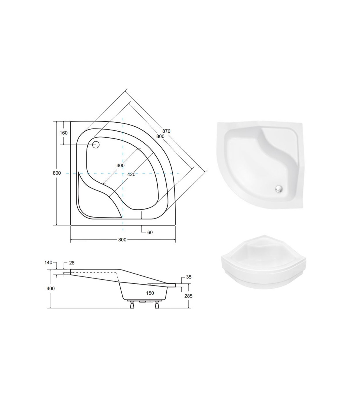 DUSCHWANNE VIERTELKREIS 80x80x15 OLIVER I Ablaufgarnitur GRATIS !