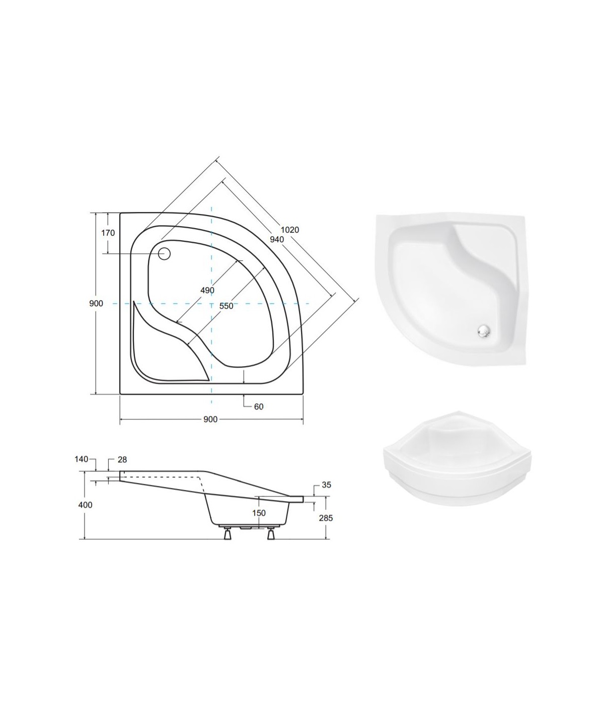 DUSCHWANNE VIERTELKREIS 80x80x15 OLIVER I Ablaufgarnitur GRATIS !