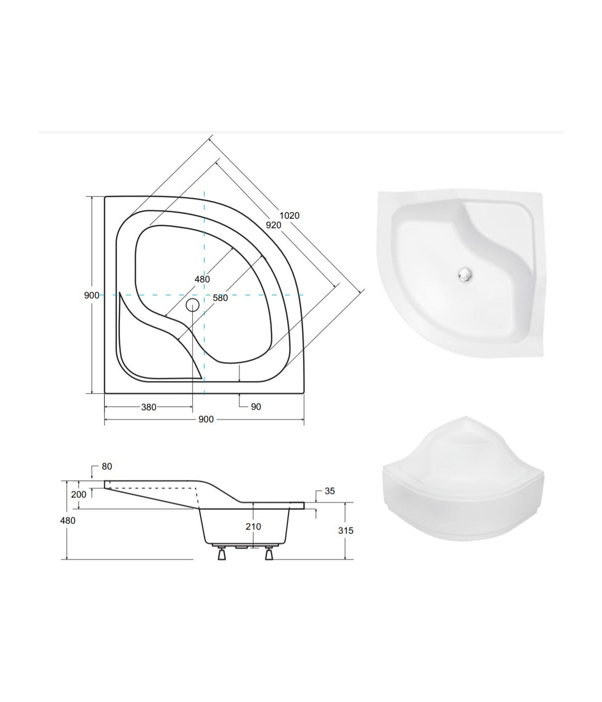 DUSCHWANNE VIERTELKREIS 90x90x21 OLIVER II Ablaufgarnitur GRATIS !