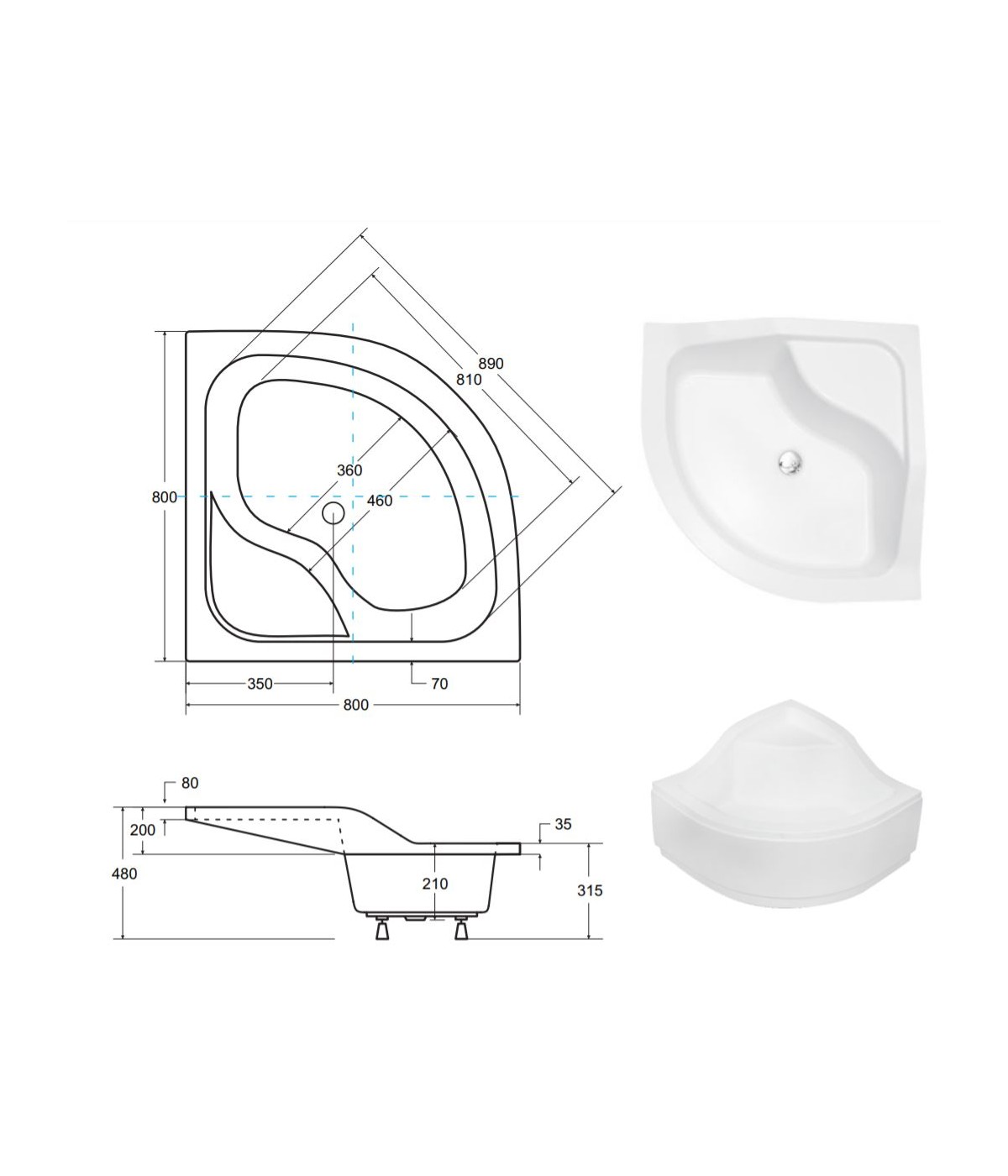 DUSCHWANNE VIERTELKREIS 80x80x21 OLIVER II Ablaufgarnitur GRATIS !
