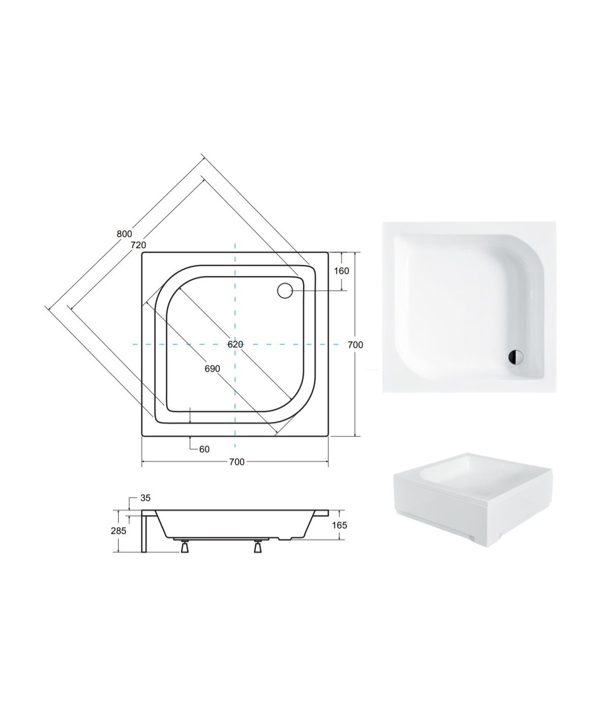 DUSCHWANNE QUADRATISCH 70x70 ARES Ablaufgarnitur + Füße GRATIS !