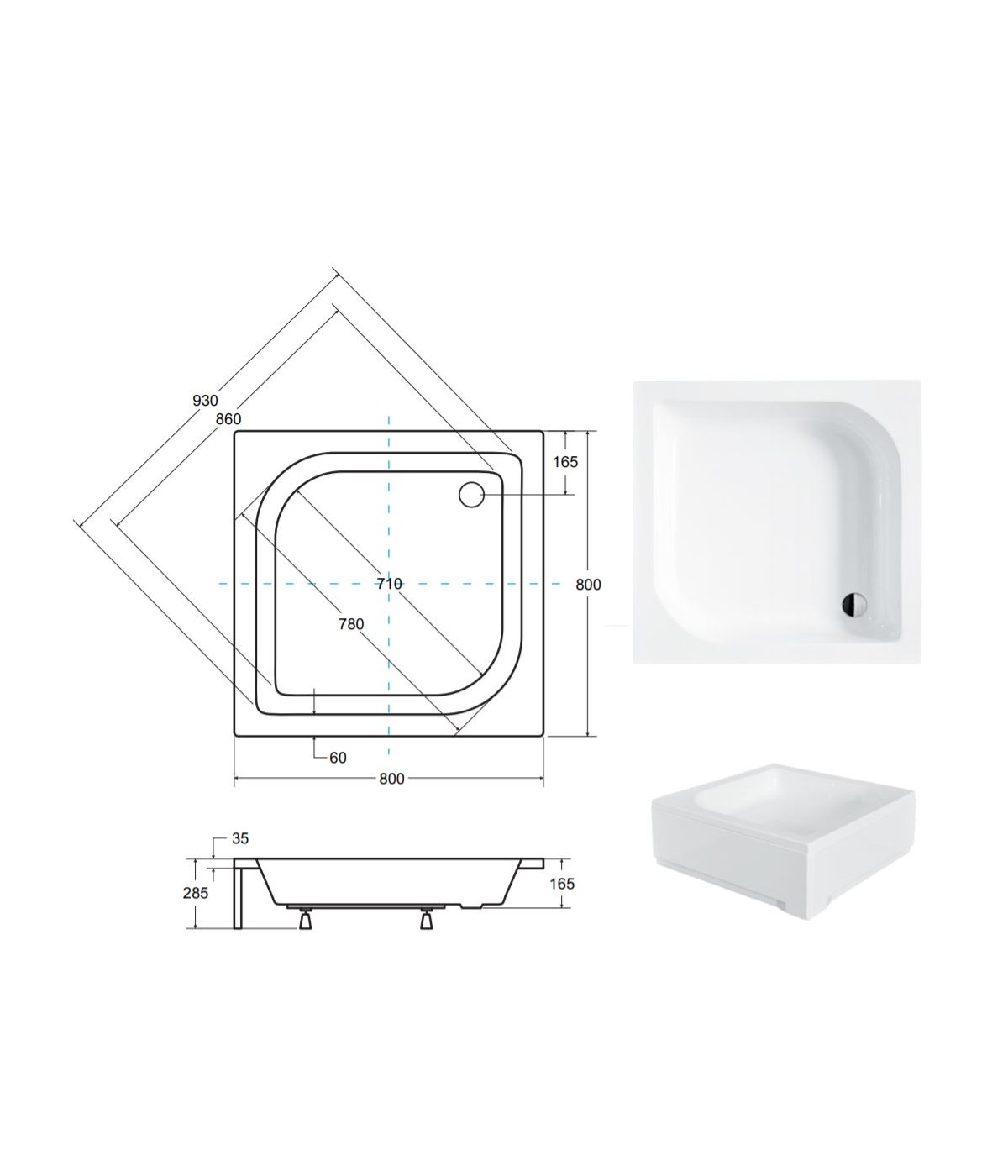DUSCHWANNE QUADRATISCH 80x80 ARES Ablaufgarnitur + Füße GRATIS !