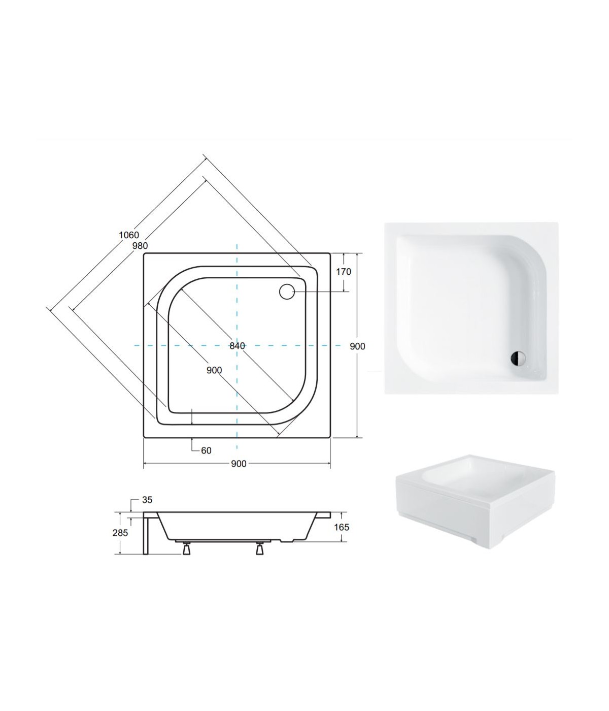 DUSCHWANNE QUADRATISCH 90x90 ARES Ablaufgarnitur + Füße GRATIS !