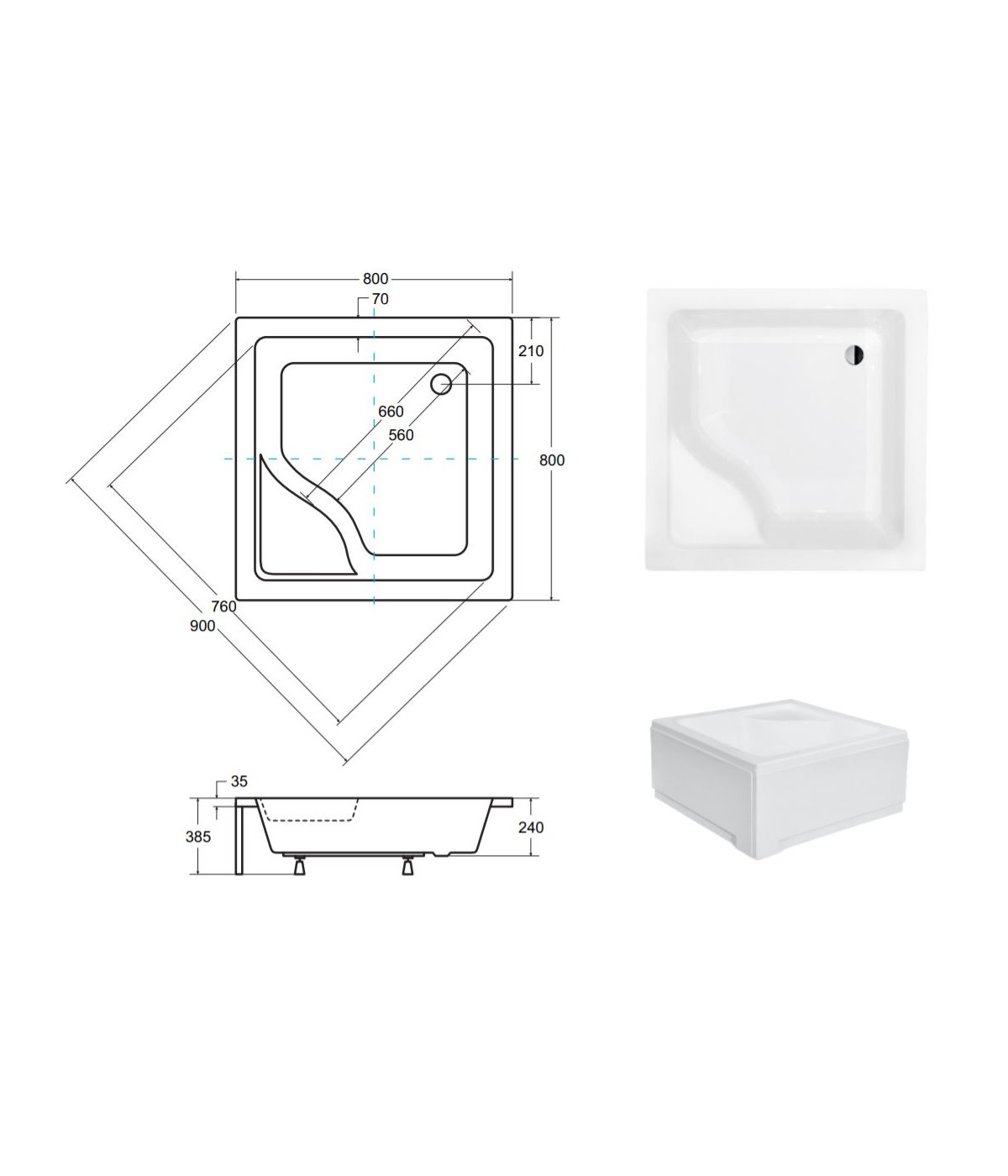 DUSCHWANNE QUADRATISCH 80x80 IGOR Ablaufgarnitur + Füße GRATIS !