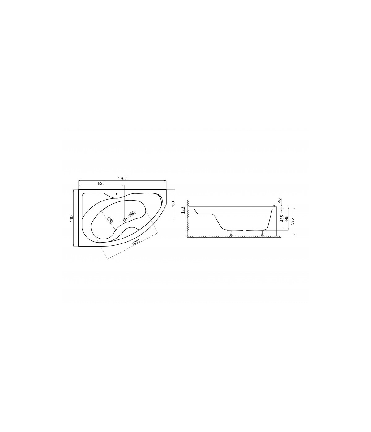 ECKBADEWANNE 170x110 LINKS DORA Ablaufgarnitur + Füße GRATIS !