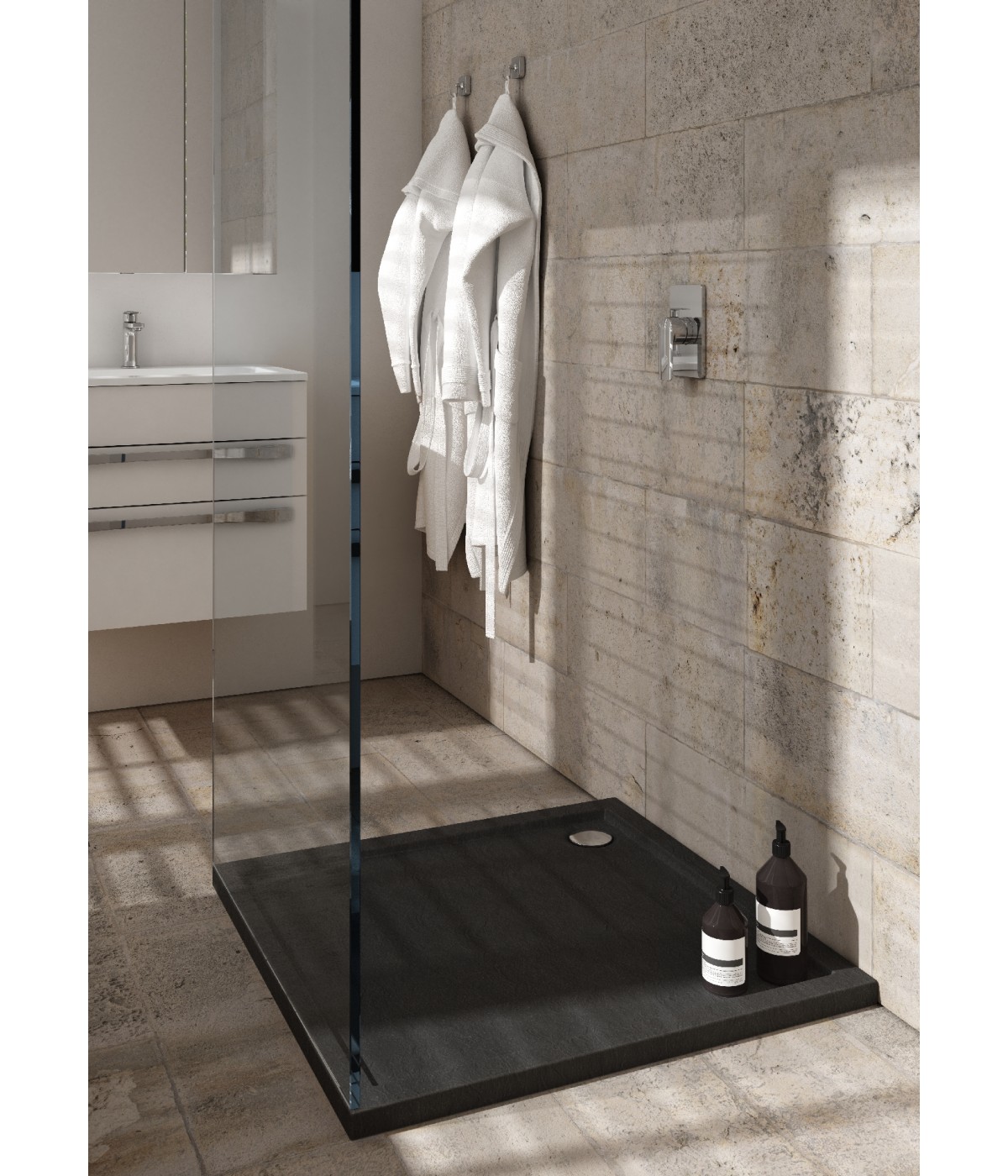 DUSCHWANNE QUADRATISCH 80x80 CASPAR NEW SCHWARZ STEIN Ablaufgarnitur GRATIS!