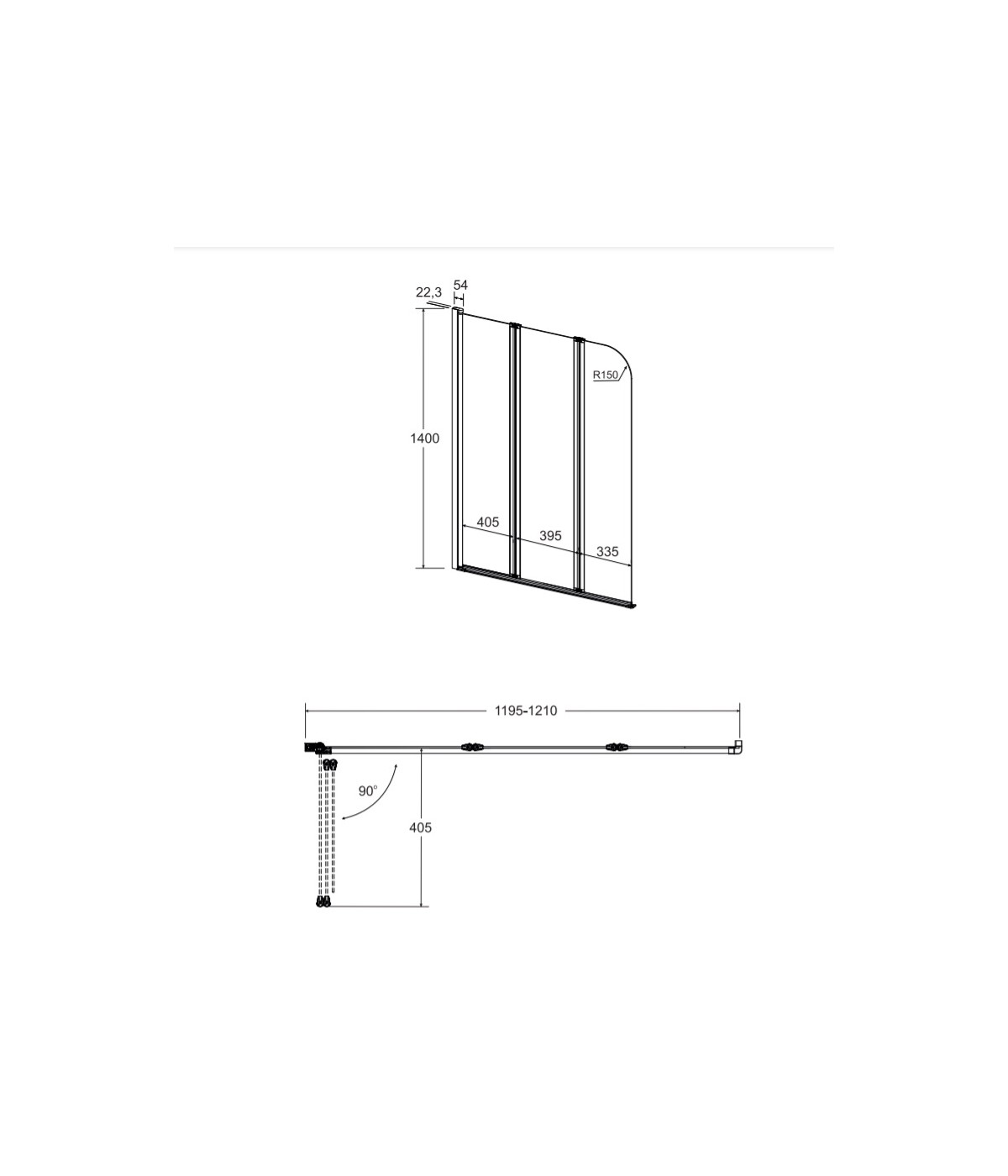 Badewannenabtrennung 3-teilig 120x140 PRIME 3 Glas 5 mm