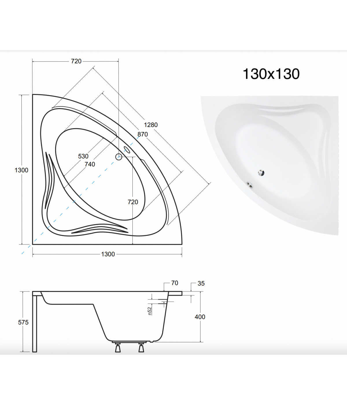 ECKBADEWANNE 130x130 MIAZ Ablaufgarnitur + Füße GRATIS !