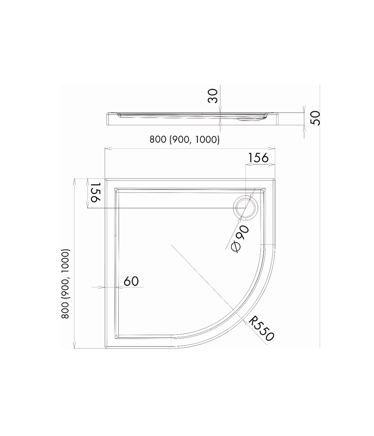 DUSCHWANNE VIERTELKREIS 80x80x5cm CASPAR Ablaufgarnitur GRATIS !