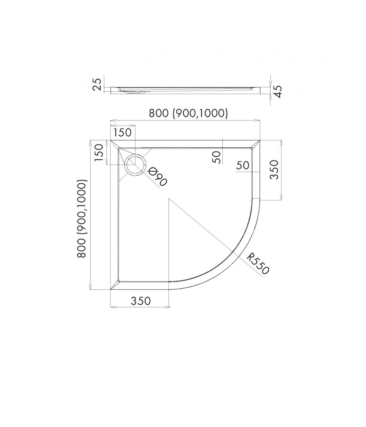 DUSCHWANNE VIERTELKREIS 100x100x4,5 CASPAR NEW Ablaufgarnitur GRATIS!