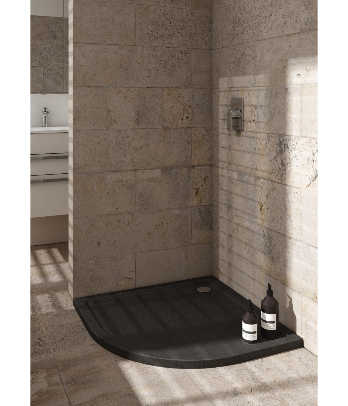 DUSCHWANNE VIERTELKREIS 90x90x4,5 CASPAR NEW SCHWARZ STEIN Ablaufgarnitur GRATIS!