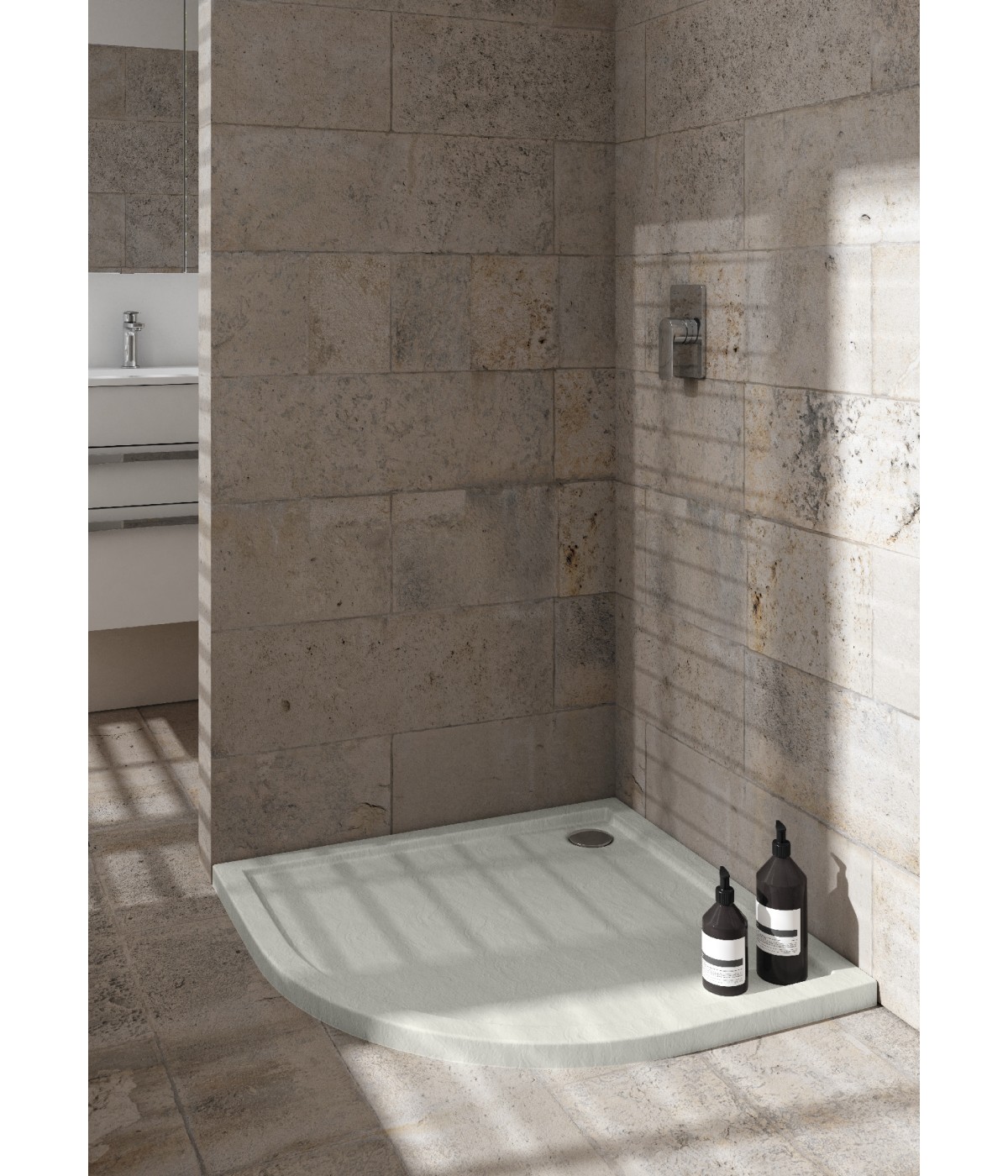 DUSCHWANNE VIERTELKREIS 90x90x4,5 CASPAR NEW CEMENT STEIN Ablaufgarnitur GRATIS!