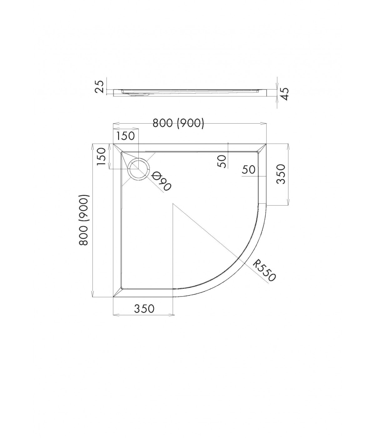 DUSCHWANNE VIERTELKREIS 90x90x4,5 CASPAR NEW CEMENT STEIN Ablaufgarnitur GRATIS!