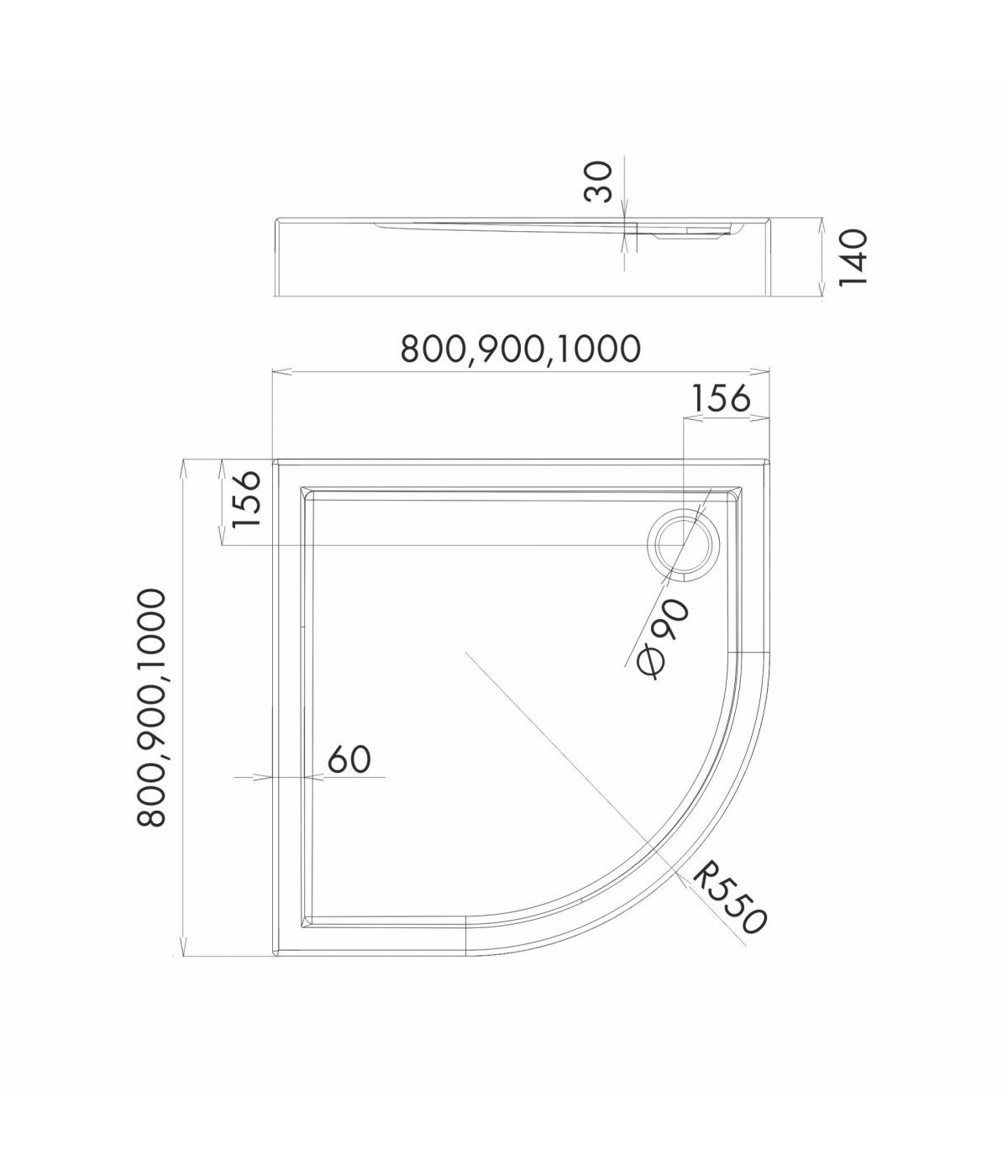 DUSCHWANNE VIERTELKREIS 80x80x14 COMPETIA Ablaufgarnitur GRATIS !