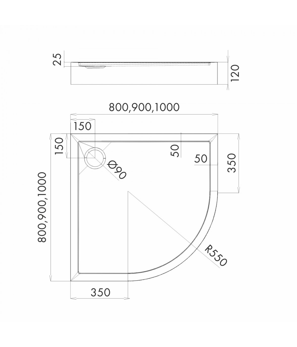 DUSCHWANNE VIERTELKREIS 80x80x12 COMPETIA NEW Ablaufgarnitur GRATIS !