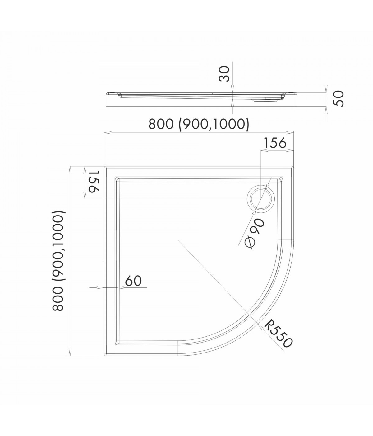 DUSCHWANNE VIERTELKREIS 80x80x5 CORRINA Ablaufgarnitur GRATIS !