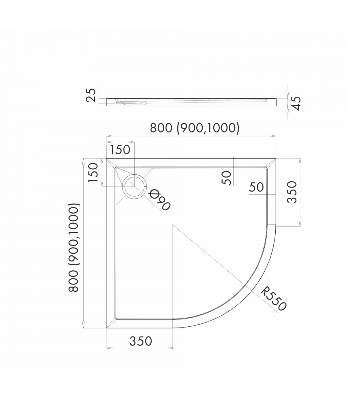 DUSCHWANNE VIERTELKREIS 90x90x4,5 CORRINA NEW Ablaufgarnitur GRATIS !