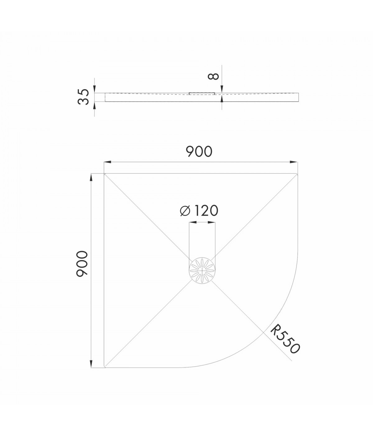 DUSCHWANNE VIERTELKREIS 90x90x3,5 DE LUXE Ablaufgarnitur GRATIS!