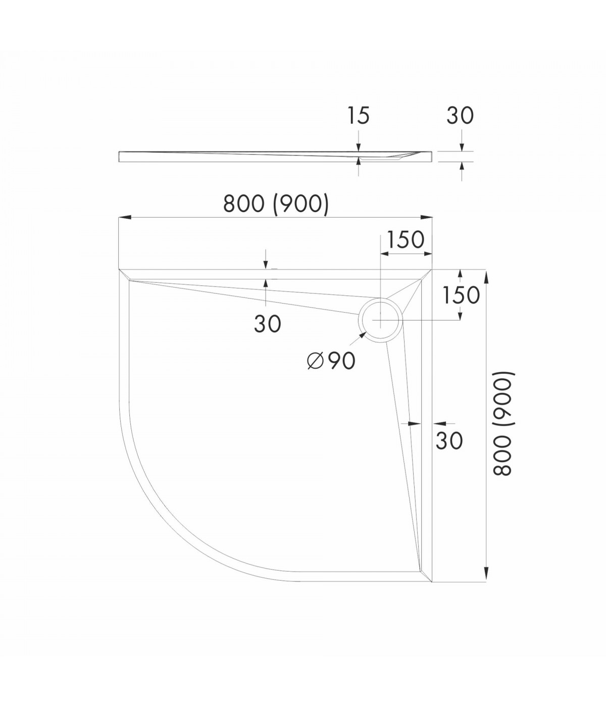DUSCHWANNE VIERTELKREIS 80x80x3 ETRUSCO Ablaufgarnitur GRATIS !