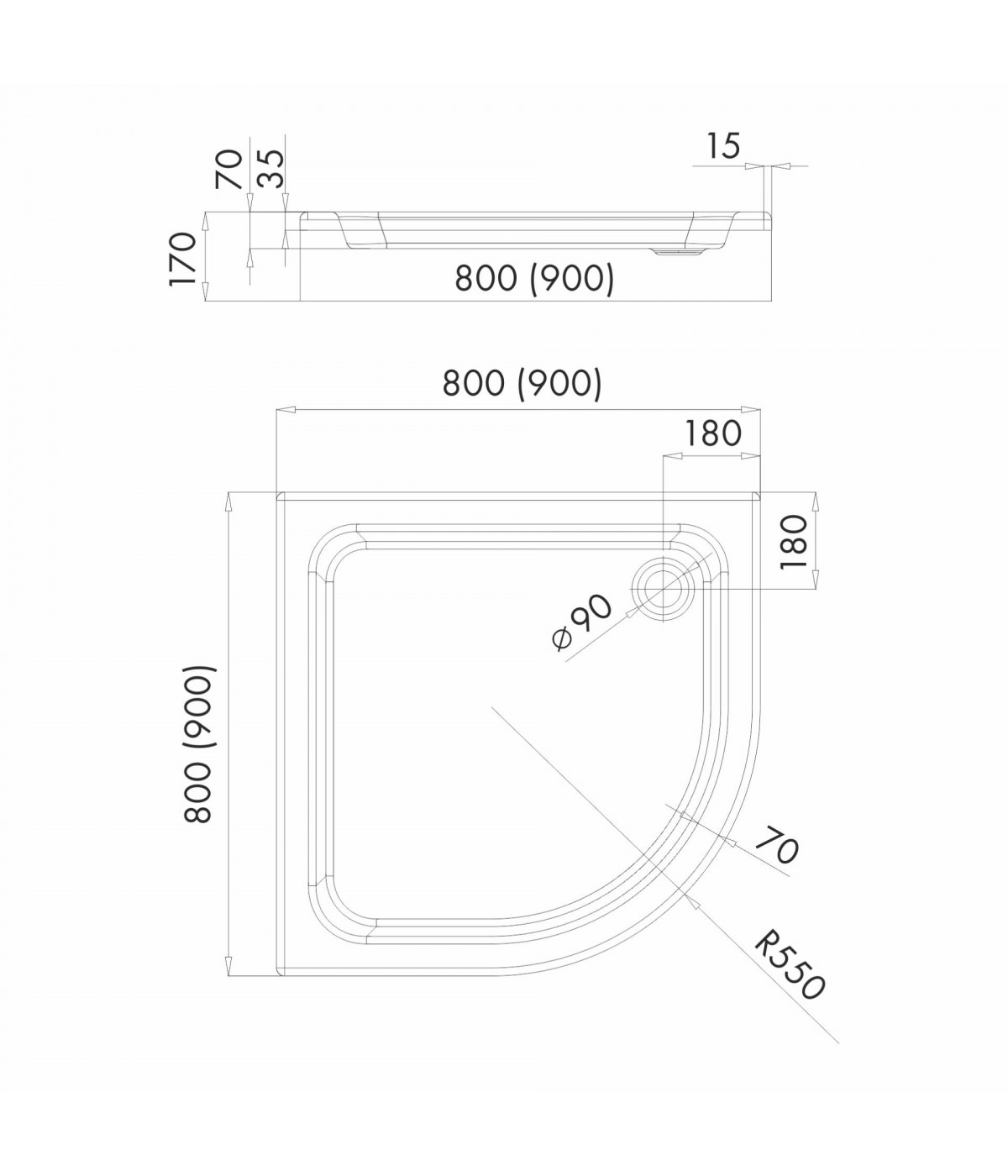 DUSCHWANNE VIERTELKREIS 80x80x17 GRANDO PLUS Ablaufgarnitur GRATIS !