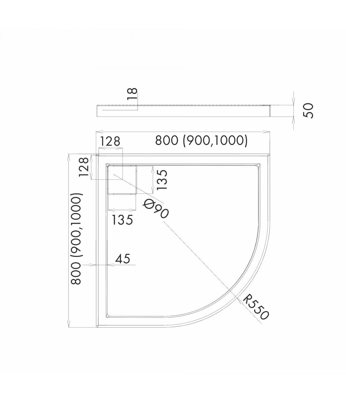 DUSCHWANNE VIERTELKREIS 80x80x5 OMEGAX Ablaufgarnitur GRATIS!