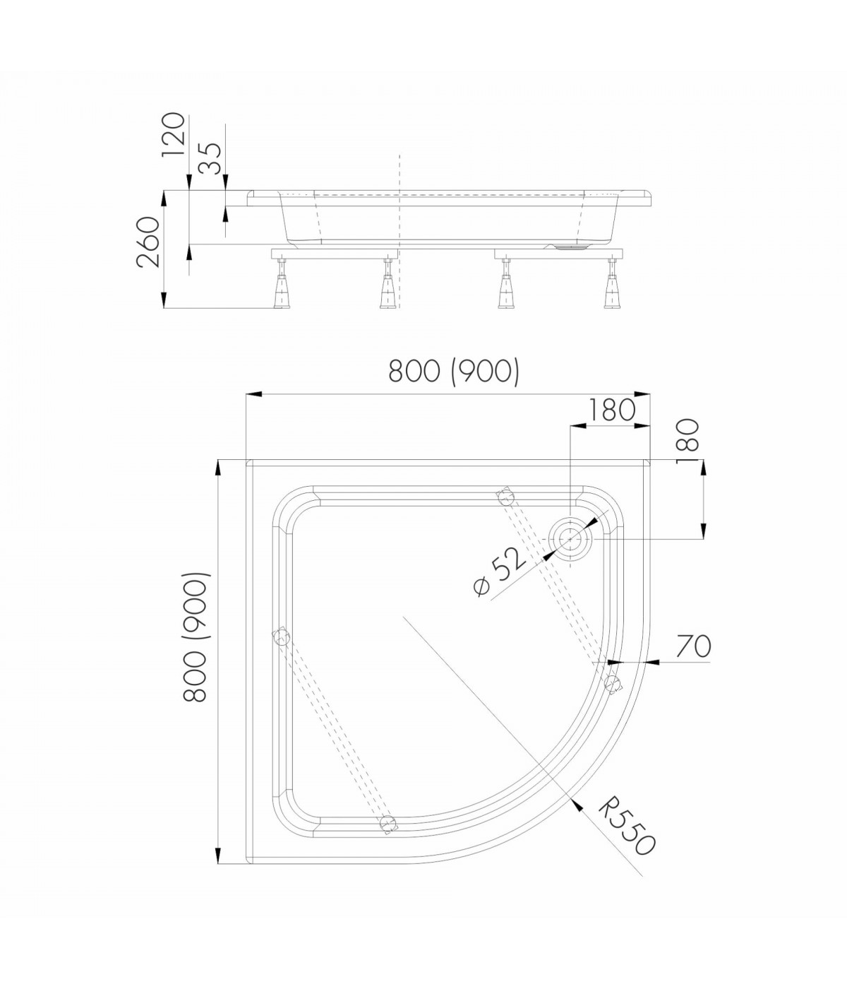 DUSCHWANNE VIERTELKREIS 90x90x26 ZEFIR Ablaufgarnitur GRATIS !