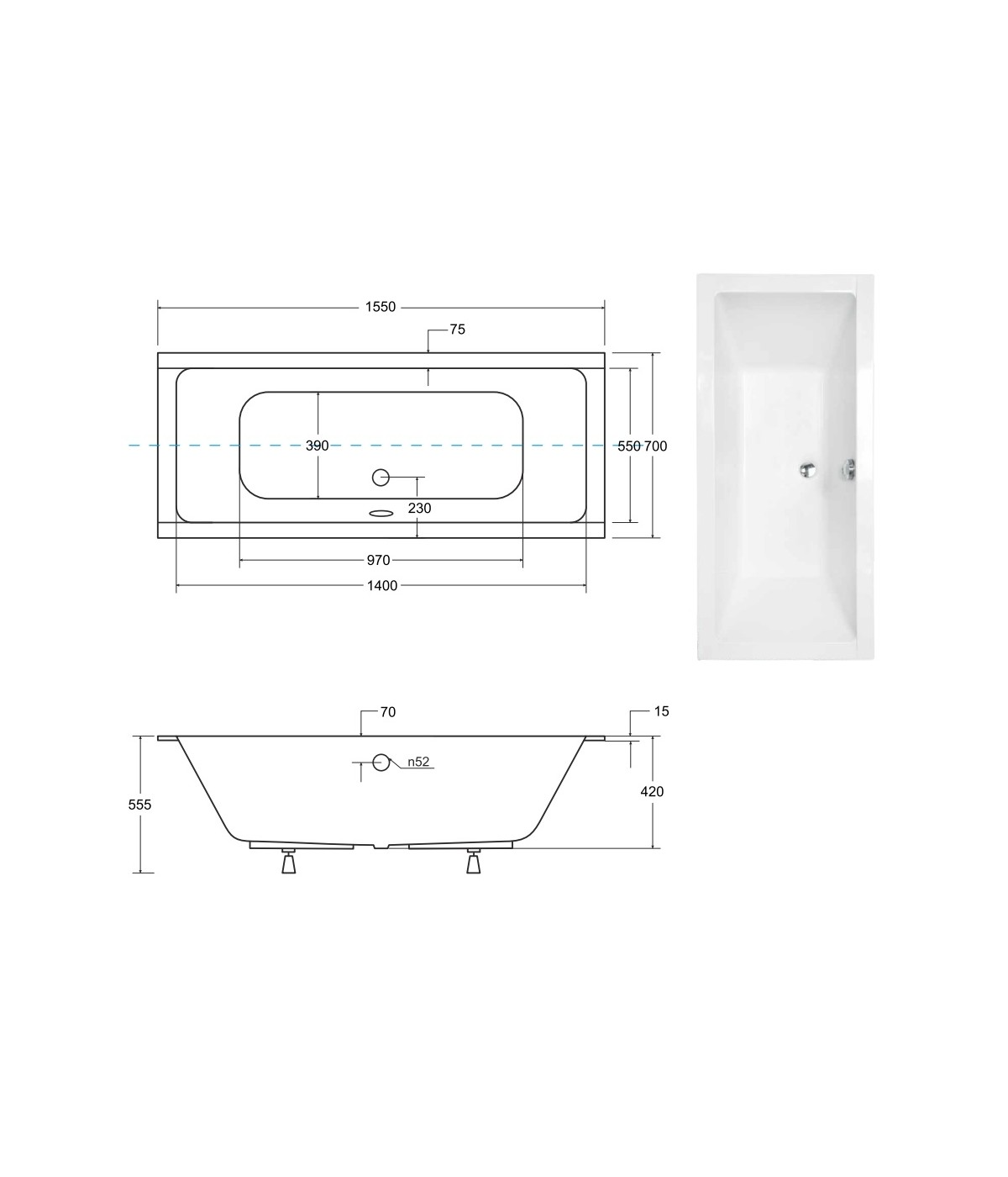 RECHTECK BADEWANNE SLIM 155x70 QUADROS Ablaufgarnitur + Füße GRATIS! WAQ-155-SL