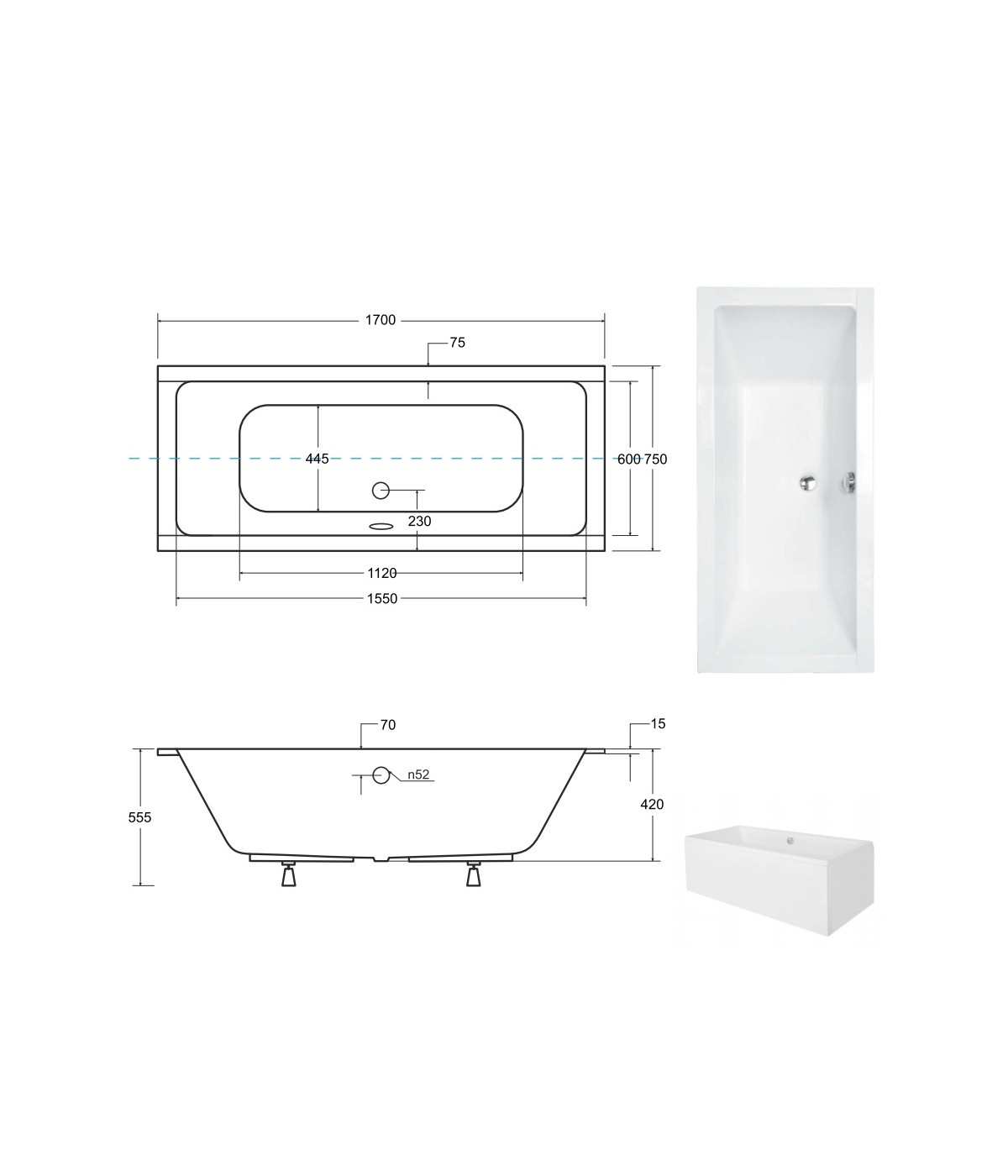 RECHTECK BADEWANNE SLIM 170x75 QUADROS Ablaufgarnitur + Füße GRATIS! WAQ-170-SL