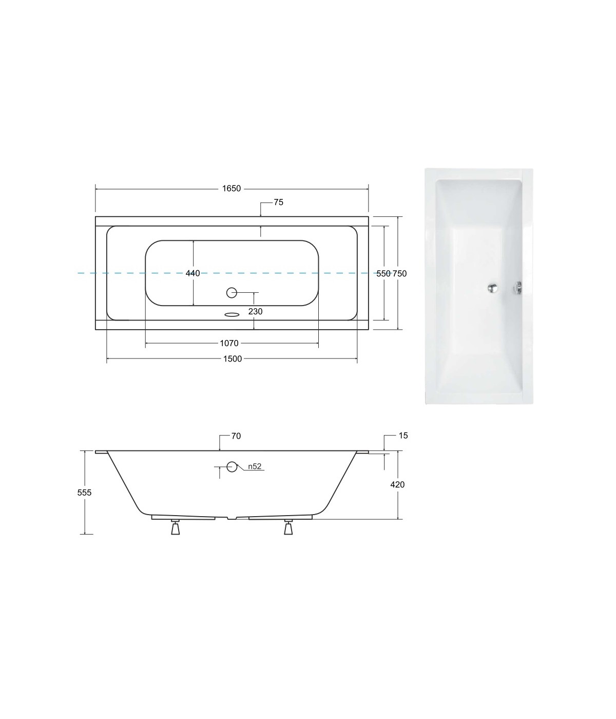 RECHTECK BADEWANNE SLIM 165x75 QUADROS Ablaufgarnitur + Füße GRATIS! WAQ-165-SL