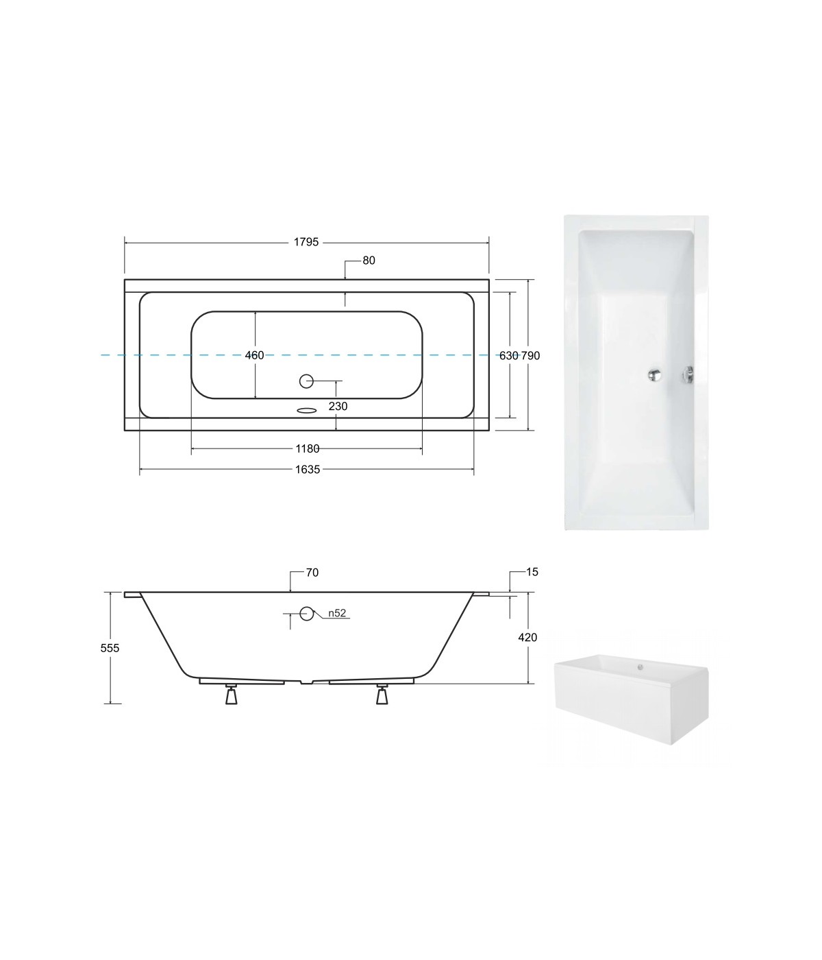 RECHTECK BADEWANNE SLIM 180x80 QUADROS Ablaufgarnitur + Füße GRATIS! WAQ-180-SL