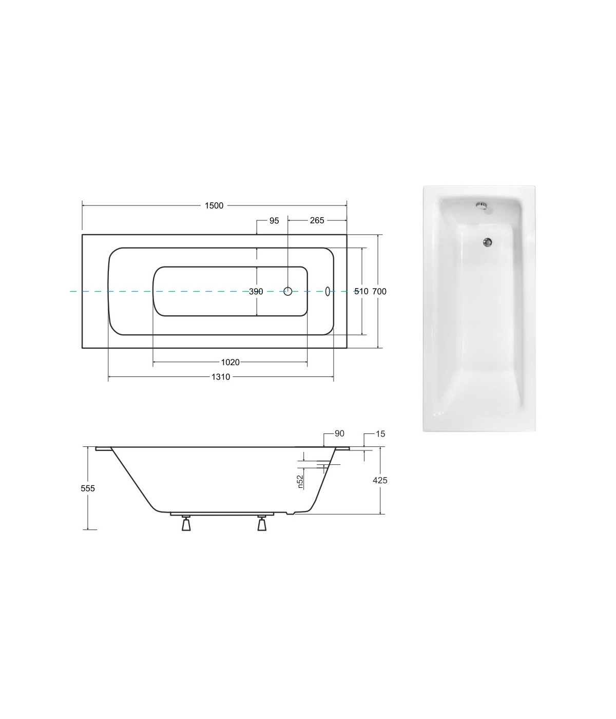 RECHTECK BADEWANNE SLIM 150x70 TALIA Ablaufgarnitur + Füße GRATIS! WAT-150-SL