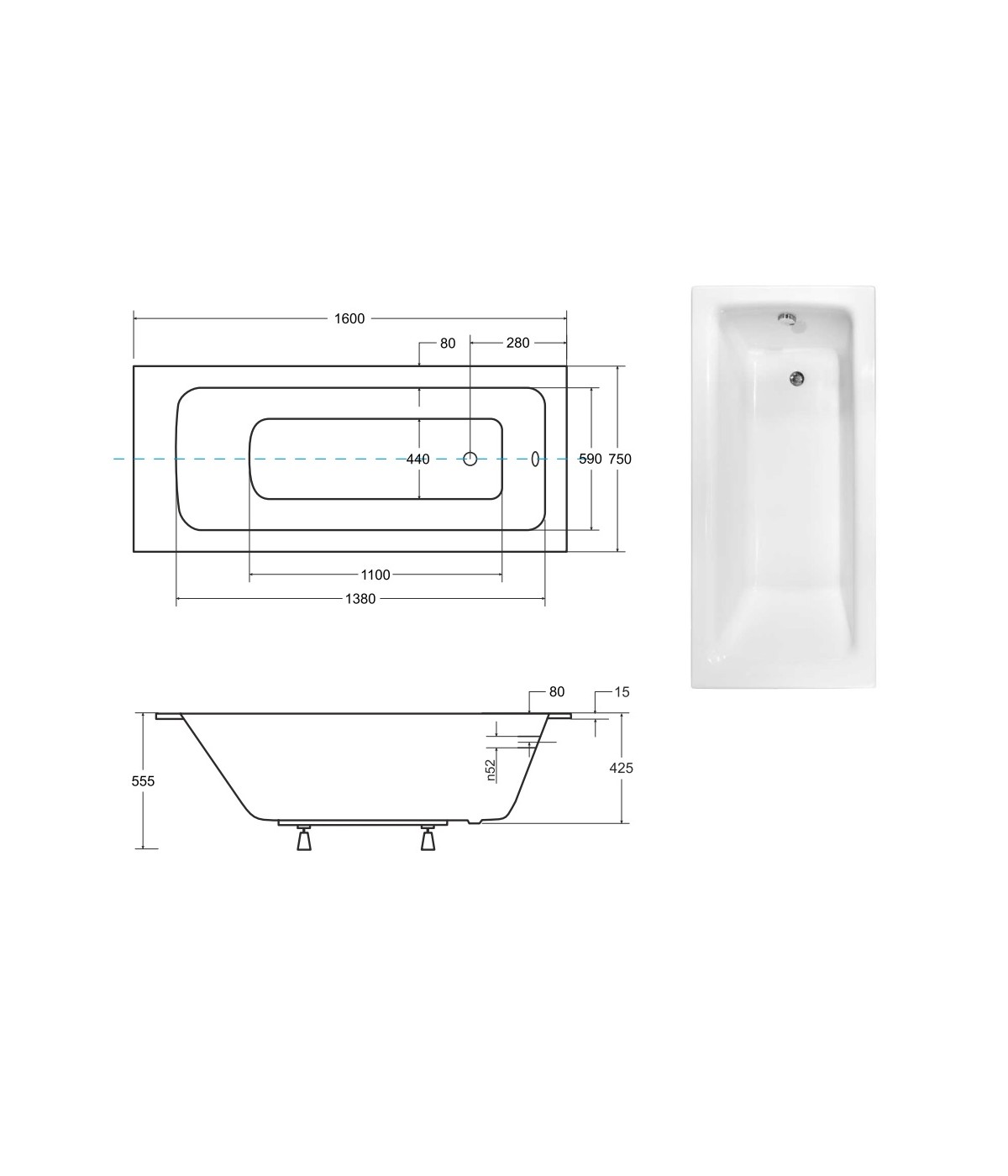 RECHTECK BADEWANNE SLIM 160x75 TALIA Ablaufgarnitur + Füße GRATIS! WAT-160-SL