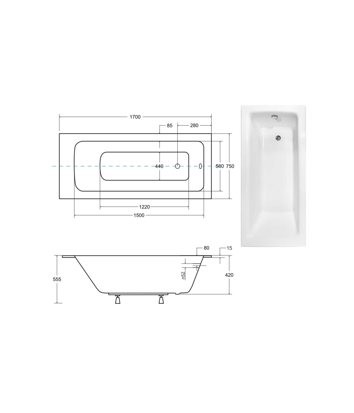 RECHTECK BADEWANNE SLIM 170x75 TALIA Ablaufgarnitur + Füße GRATIS! WAT-170-SL
