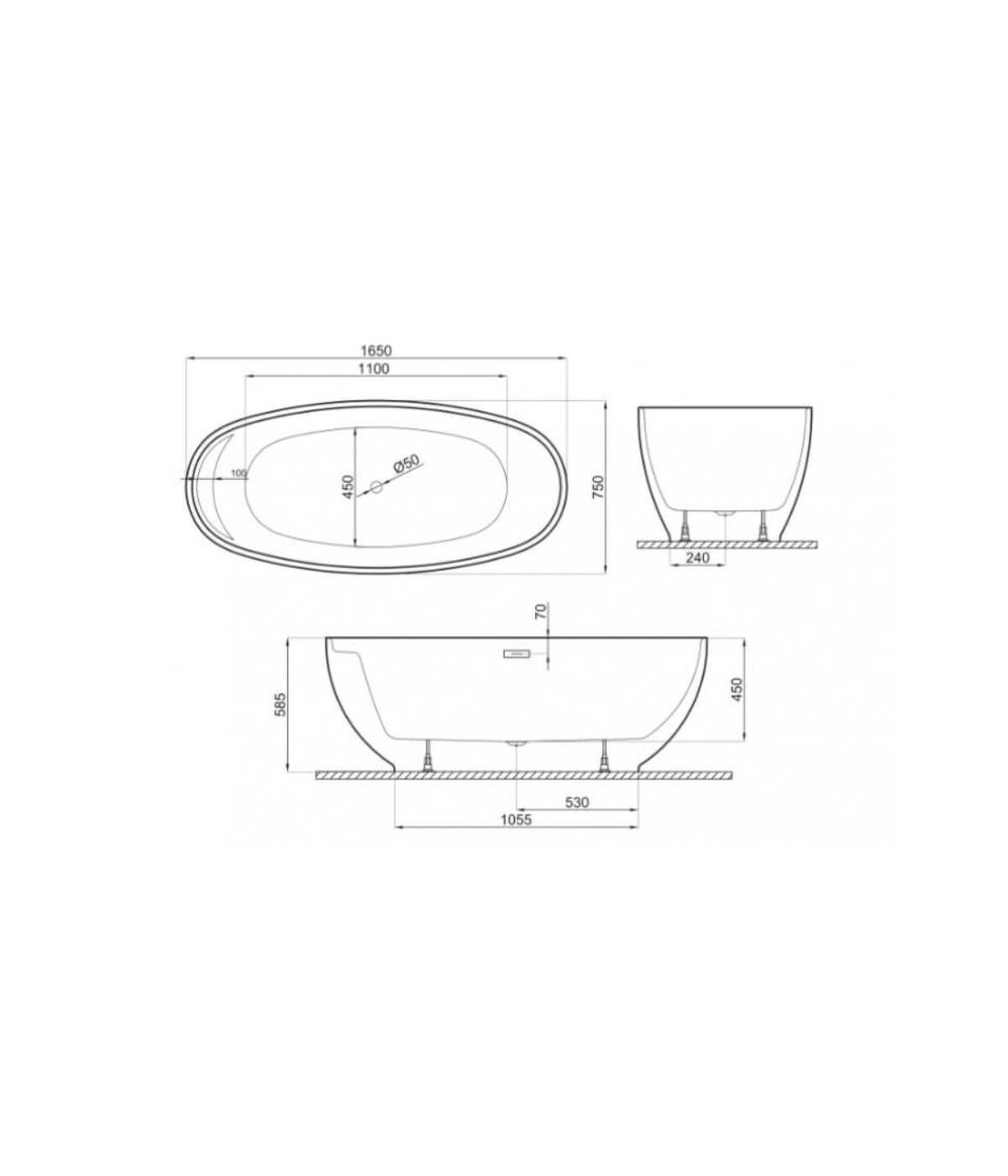 Freistehende Badewanne 165x75cm KIVI Schwarz Matt Ablaufgarnitur GRATIS!